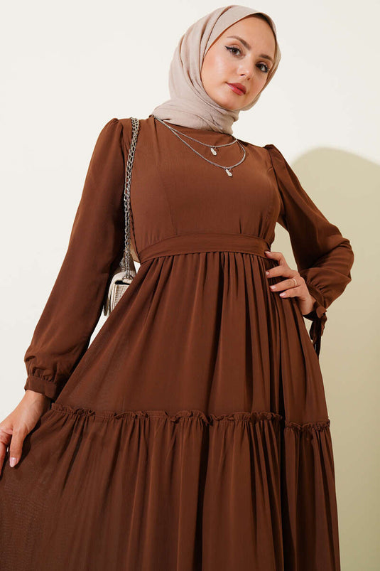 Bilek Bağlamalı Katlı Elbise Kahve
