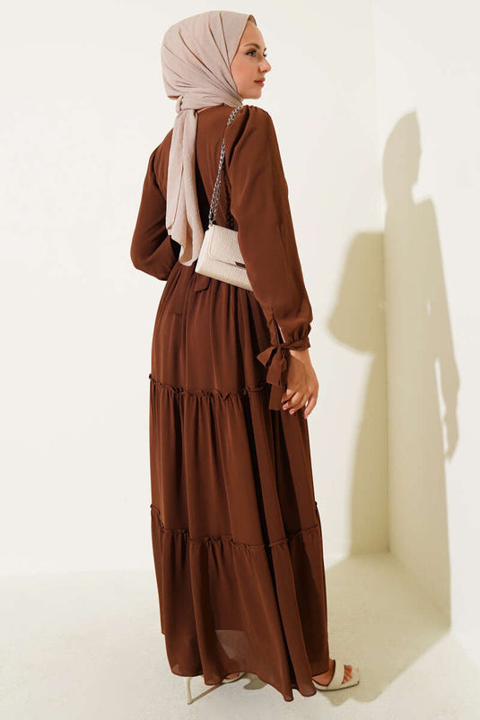 Bilek Bağlamalı Katlı Elbise Kahve