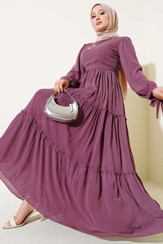 Bilek Bağlamalı Katlı Elbise Magenta