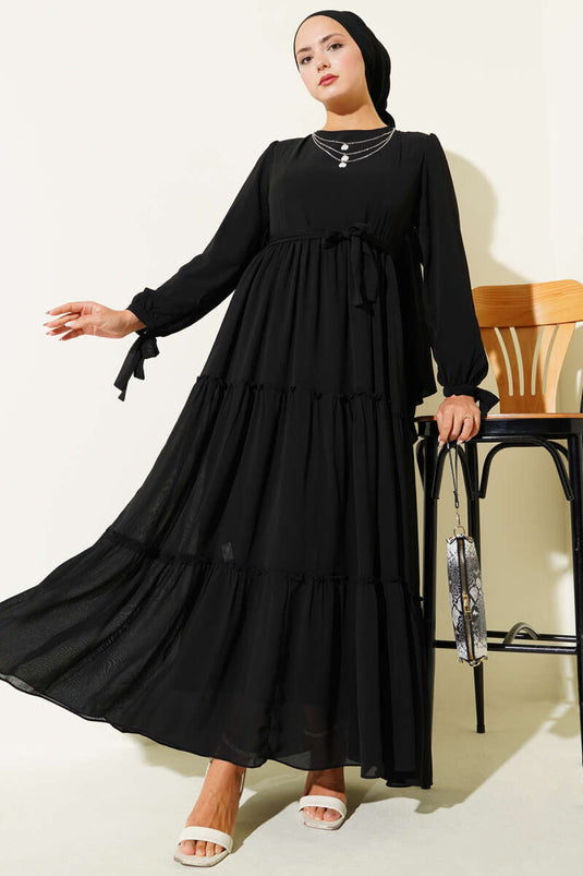 Bilek Bağlamalı Katlı Elbise Siyah