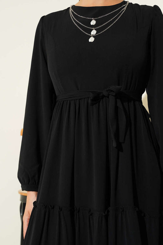 Bilek Bağlamalı Katlı Elbise Siyah