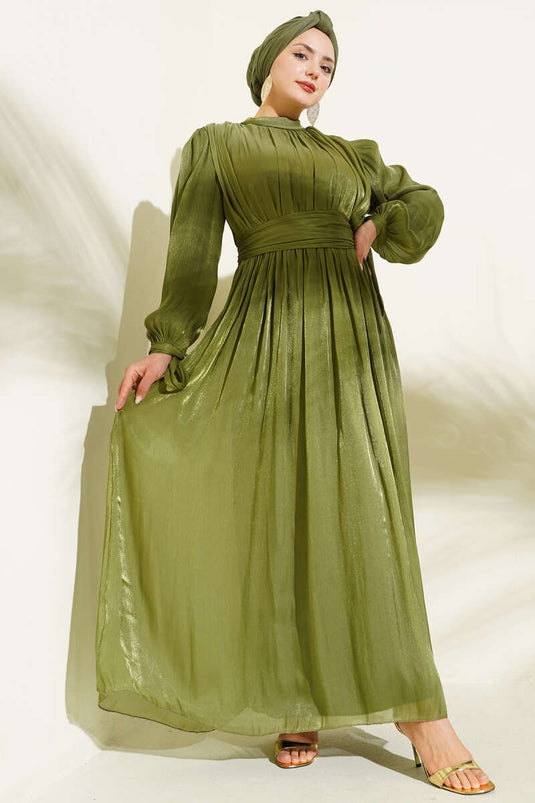 Bilek Bağlamalı Kuşaklı Abiye Elbise Haki