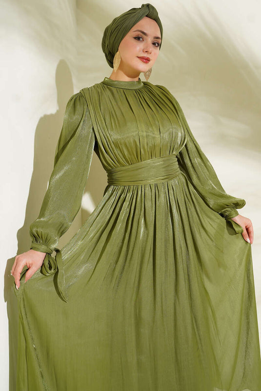 Bilek Bağlamalı Kuşaklı Abiye Elbise Haki