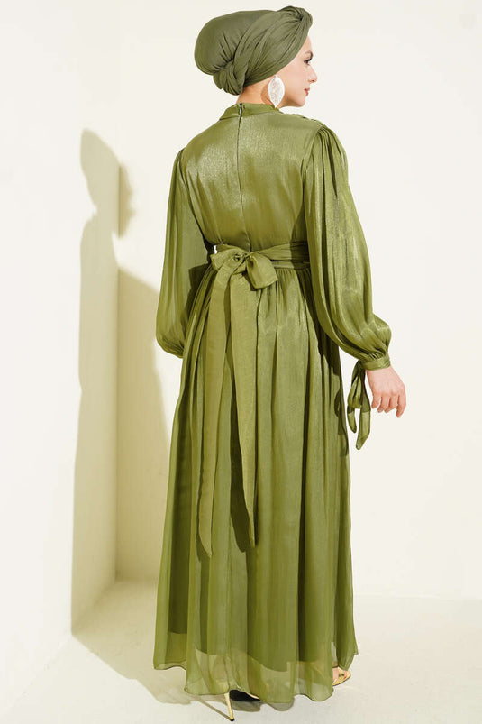 Bilek Bağlamalı Kuşaklı Abiye Elbise Haki