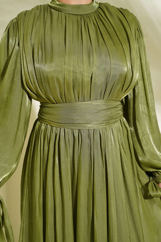 Bilek Bağlamalı Kuşaklı Abiye Elbise Haki