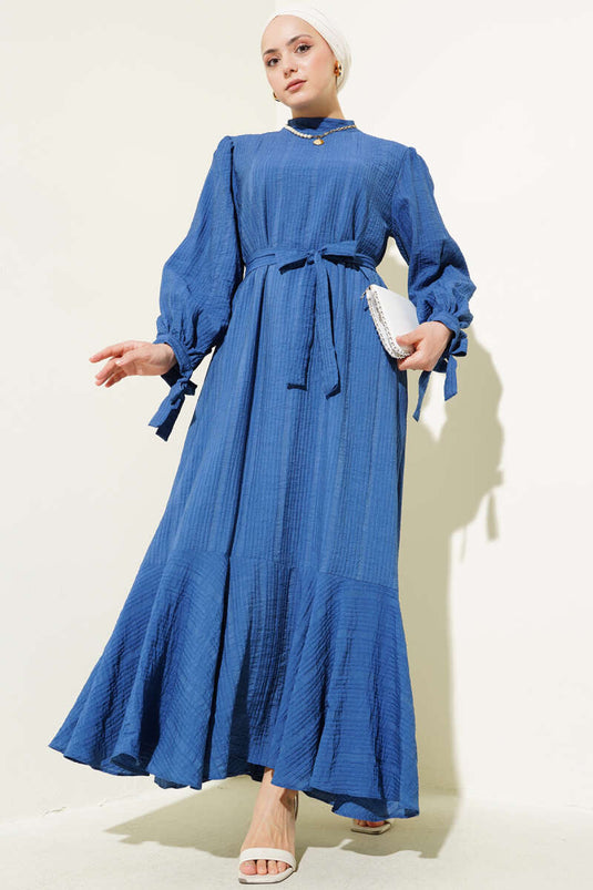 فستان سيرساكر بحزام عند الكاحل - نيلي