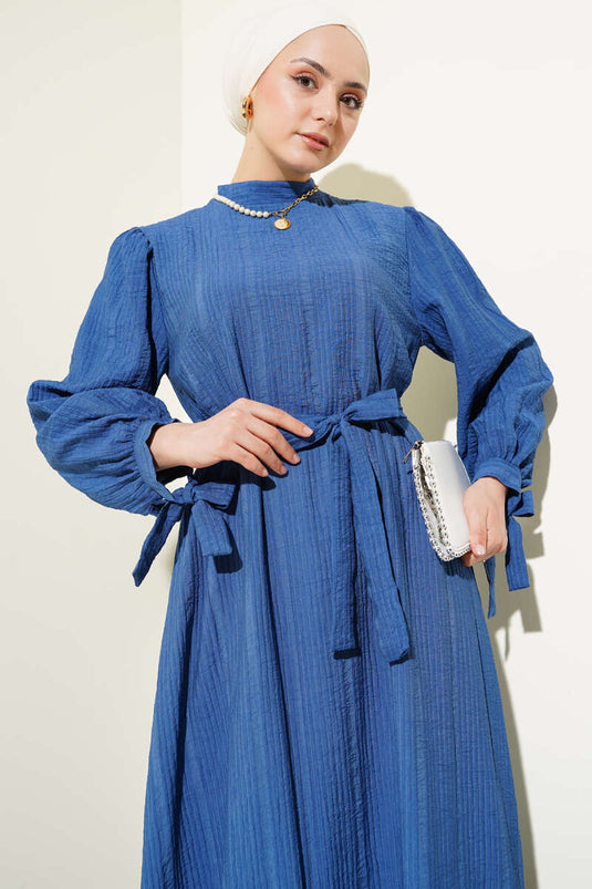 فستان سيرساكر بحزام عند الكاحل - نيلي