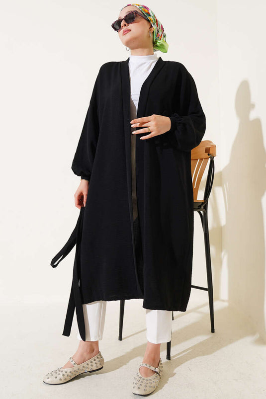 Bilek Bağlamalı Uzun Kimono Siyah