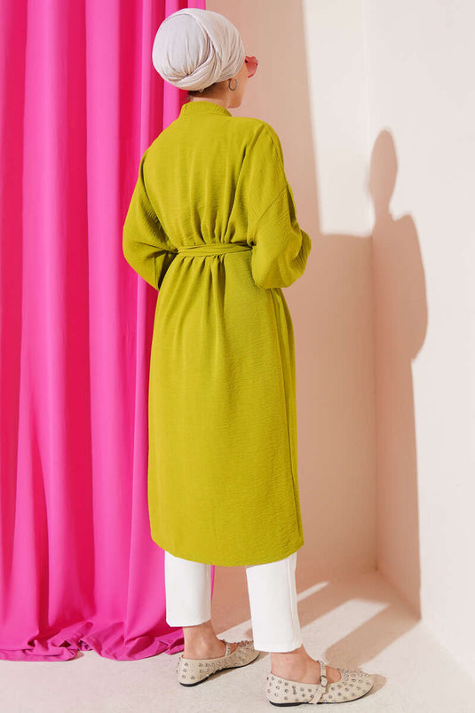 Bilek Bağlamalı Uzun Kimono Yağ Yeşili