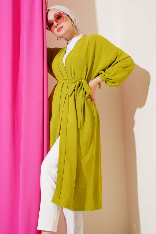 Bilek Bağlamalı Uzun Kimono Yağ Yeşili