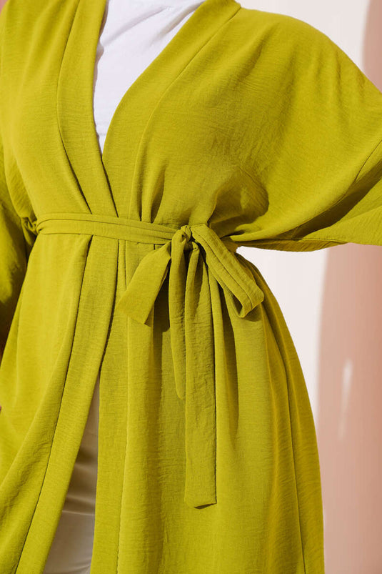 Bilek Bağlamalı Uzun Kimono Yağ Yeşili