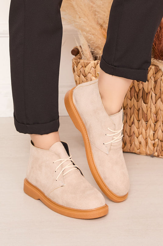Ankle-Length Lace-Up Suede Boots Beige