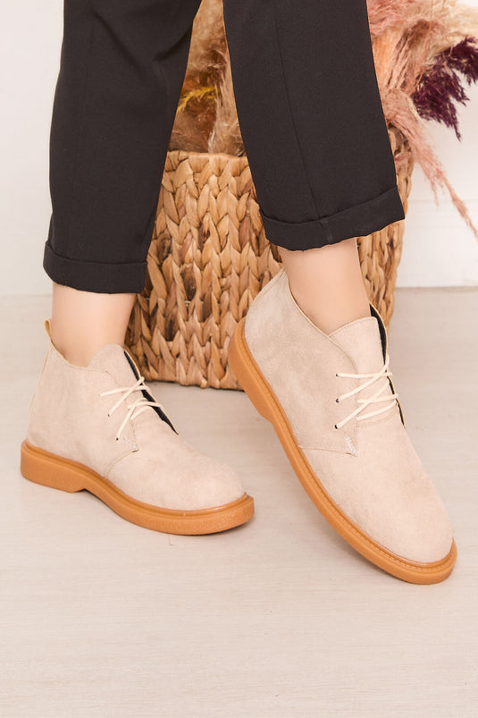 Ankle-Length Lace-Up Suede Boots Beige