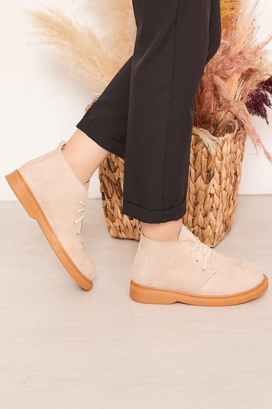 Ankle-Length Lace-Up Suede Boots Beige