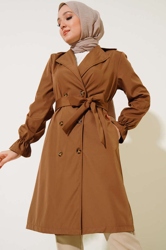 Wrist Gathered Belted Trench Coat Tan