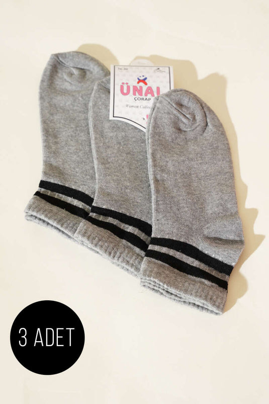 Dreiteilige, gestreifte Knöchelsocken, Grau