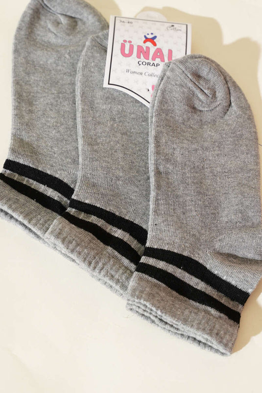 Dreiteilige, gestreifte Knöchelsocken, Grau