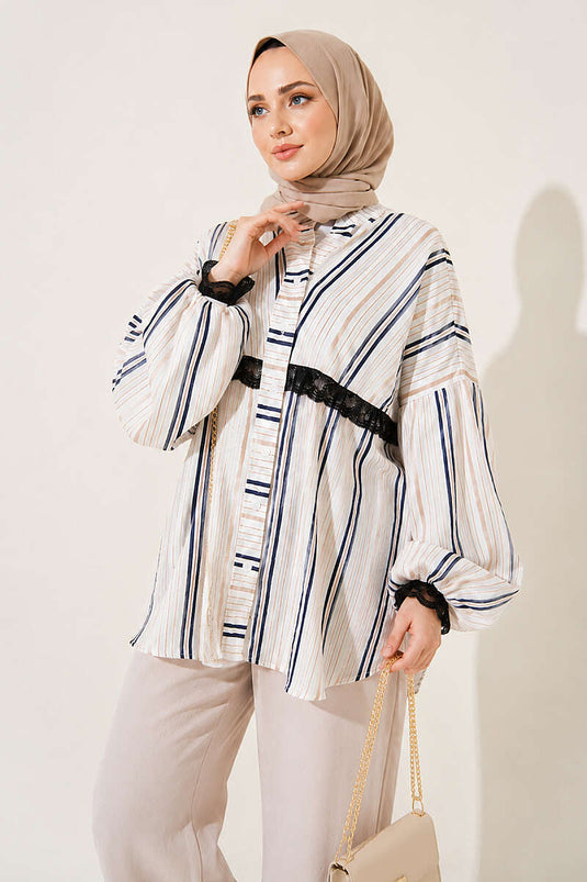 Chemise Rayée Avec Détails En Dentelle Latte