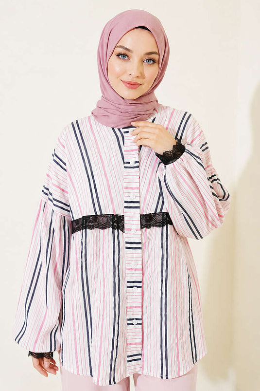 Chemise Rayée Rose Avec Détails En Dentelle Au Poignet