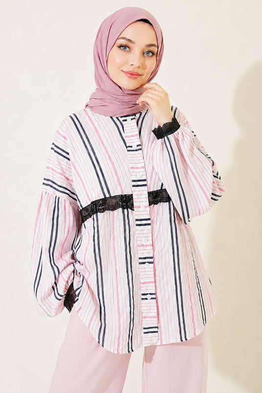 Chemise Rayée Rose Avec Détails En Dentelle Au Poignet