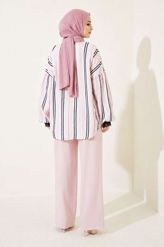 Chemise Rayée Rose Avec Détails En Dentelle Au Poignet