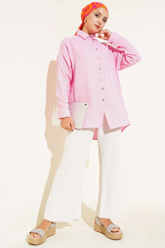 قميص أساسي بأزرار عند الكاحل، وردي