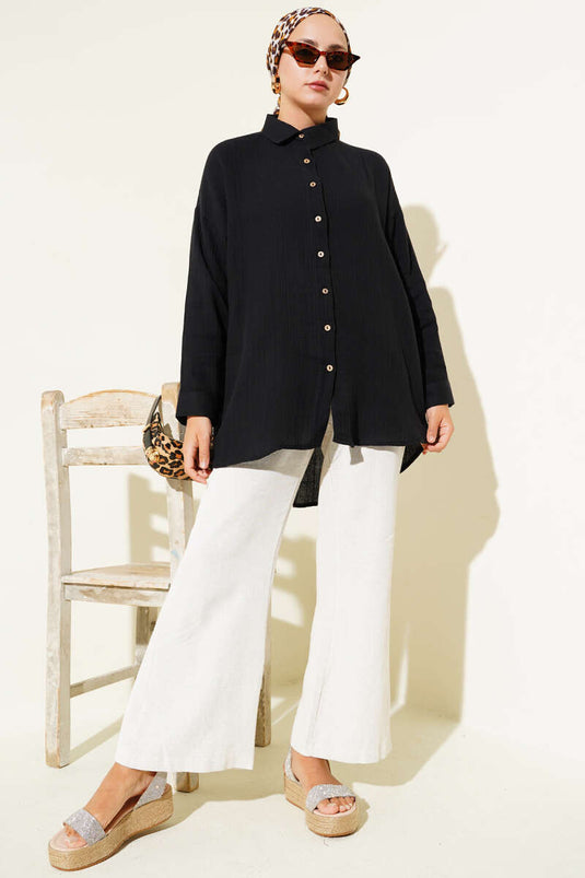 Bilek Düğmeli Basic Gömlek Siyah