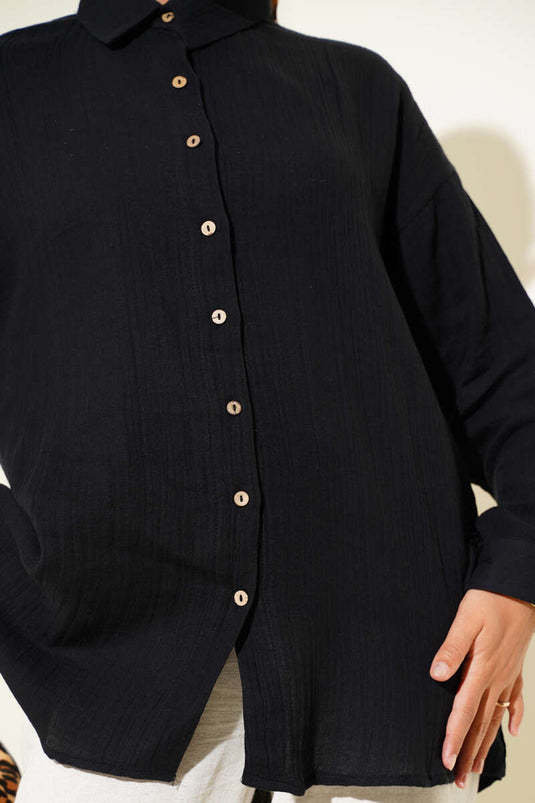Bilek Düğmeli Basic Gömlek Siyah