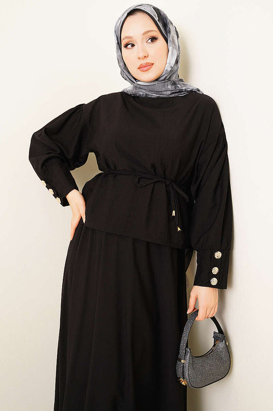 Bilek Düğmeli Bluzlu Etekli Takım Siyah