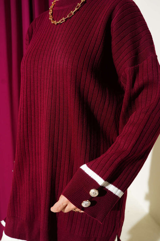 Ribbed Knit Tunic with Cuff Buttons, Burgundy