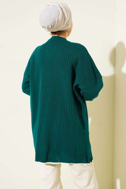 Ribbed Knit Tunic with Cuff Buttons, Navy Blue