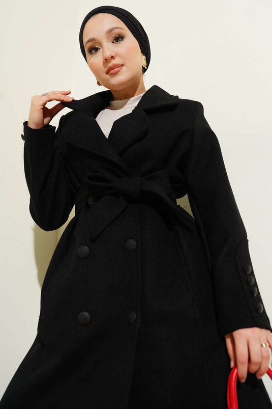 Bilek Düğmeli Kuşaklı Kaşe Kaban Siyah