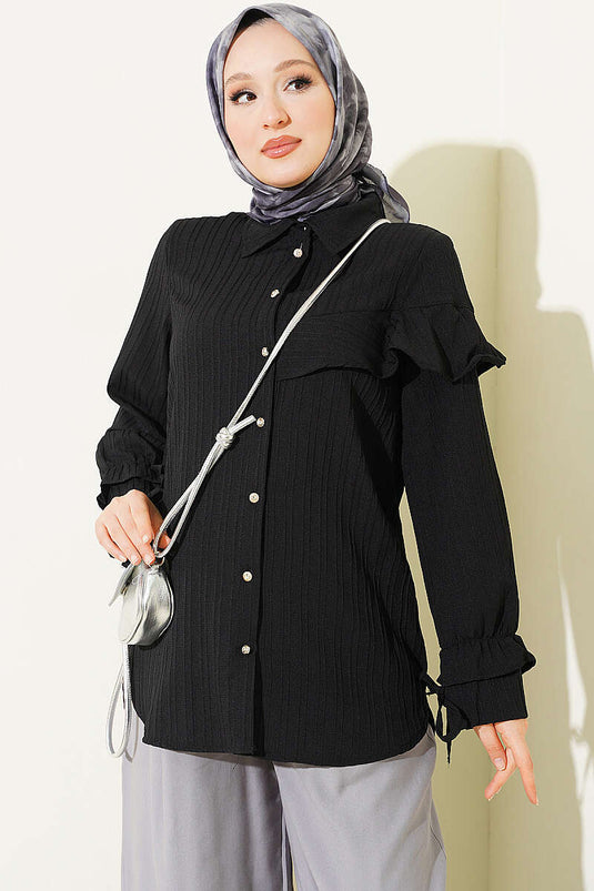 Zwarte Ruffle Mouw Shirt