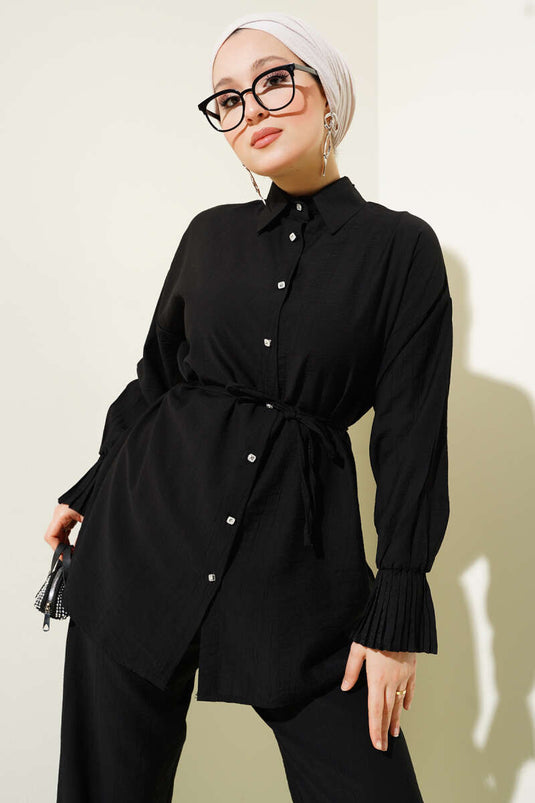 Bilek Fırfırlı Taş Düğmeli İkili Takım Siyah