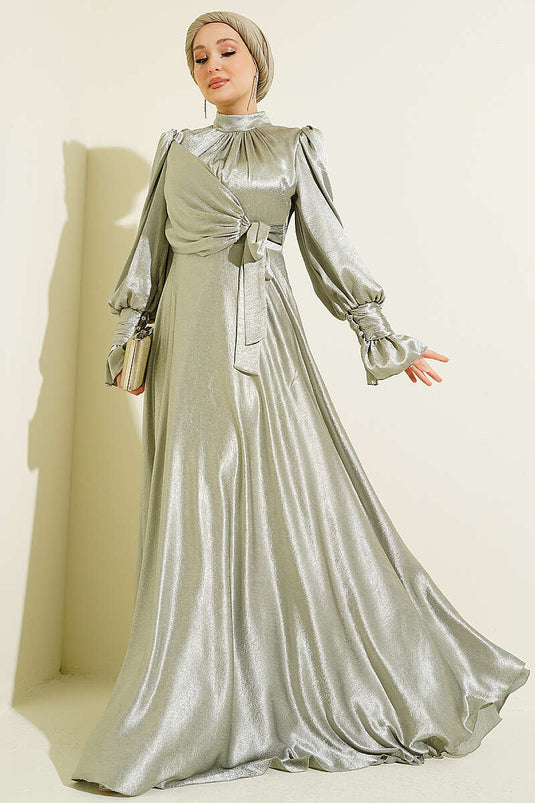 Robe de soirée à volants aux poignets, nouée sur le côté, vert pistache