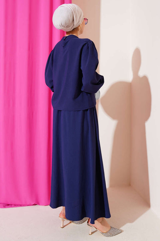 بدلة من قطعتين مع تنورة بطول الكاحل، أزرق داكن