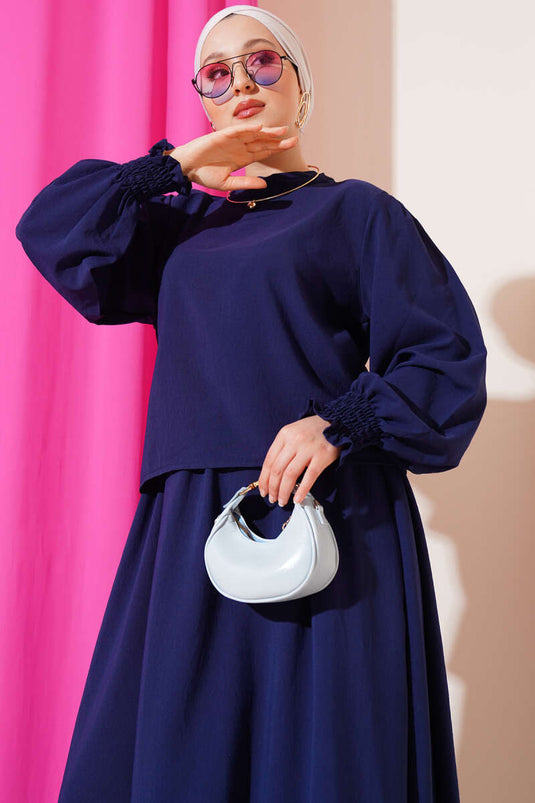 بدلة من قطعتين مع تنورة بطول الكاحل، أزرق داكن