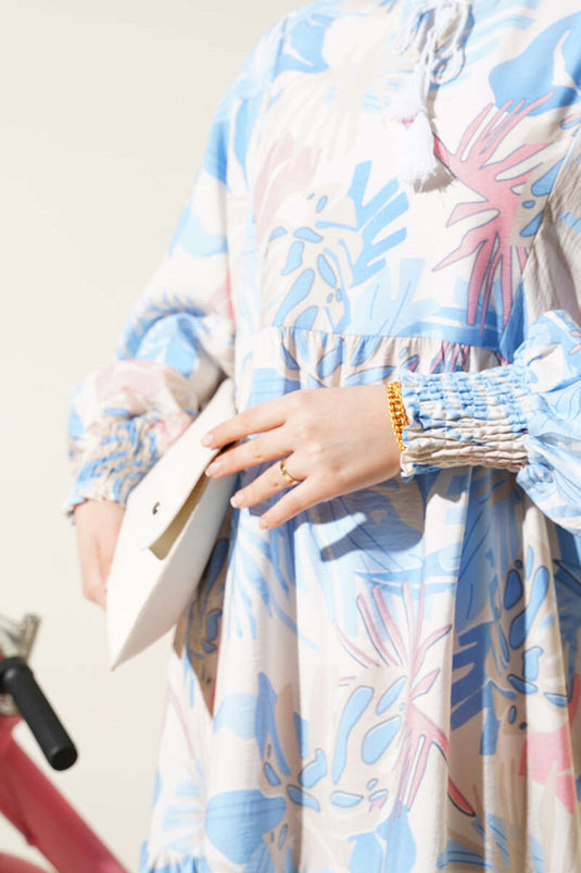 Robe à motifs feuilles longueur cheville bleue