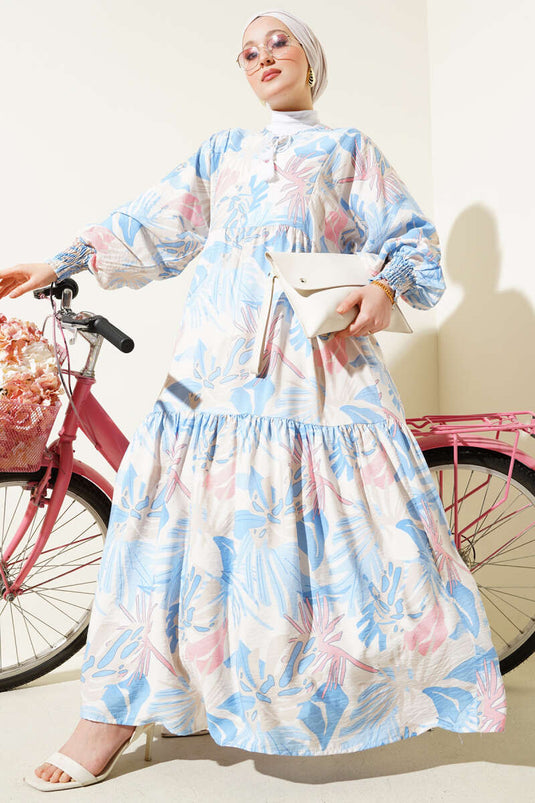 Robe à motifs feuilles longueur cheville bleue