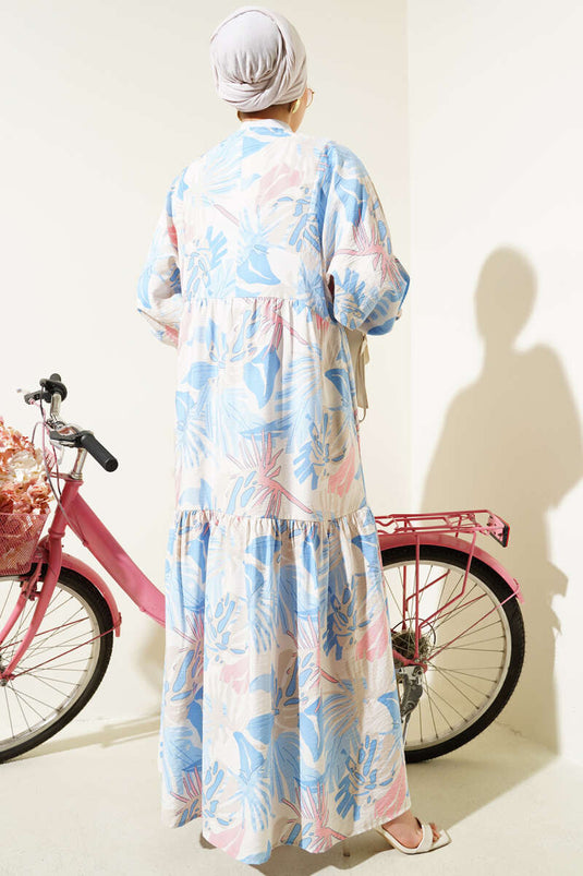 Robe à motifs feuilles longueur cheville bleue