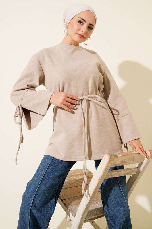 Bilek İpli Fitilli Kaşe Tunik Bej