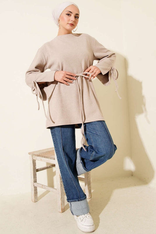 Wrist String Ribbed Cashmere Tunic Beige