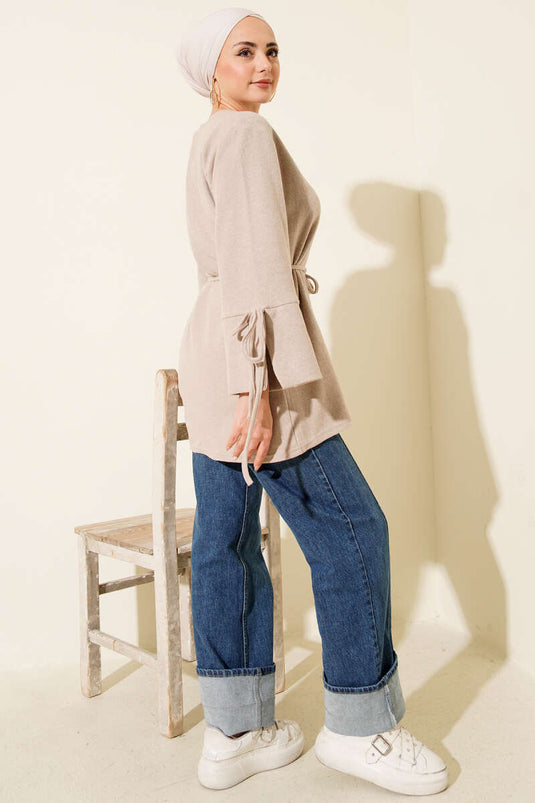 Wrist String Ribbed Cashmere Tunic Beige