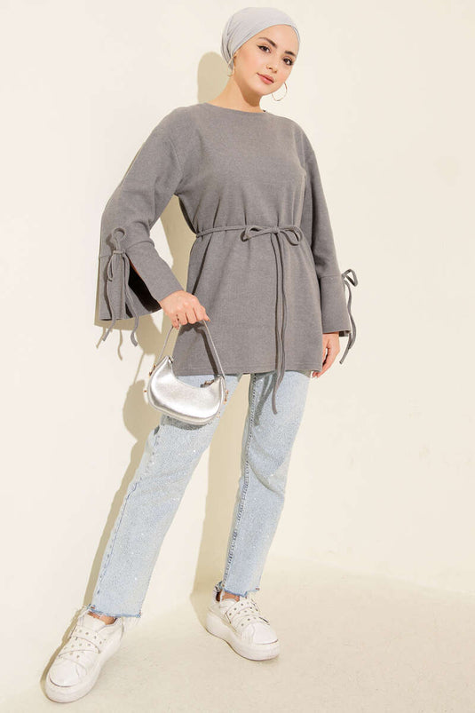 Túnica de cachemira acanalada con cierre en el tobillo, gris