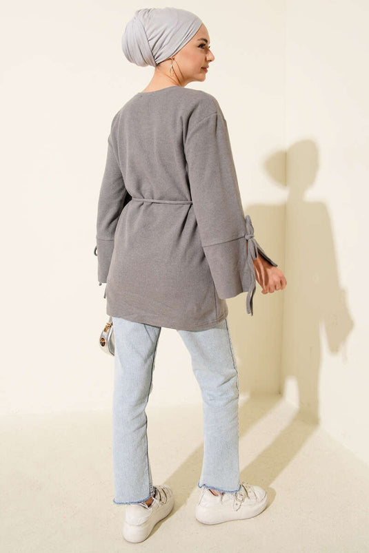 Túnica de cachemira acanalada con cierre en el tobillo, gris