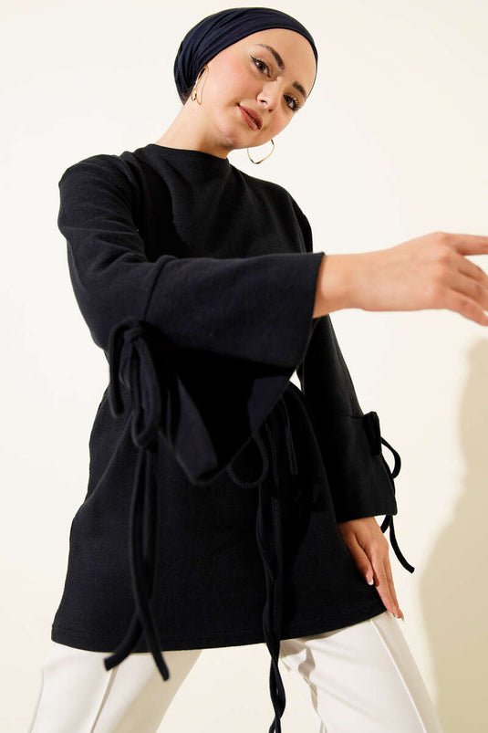 Bilek İpli Fitilli Kaşe Tunik Lacivert