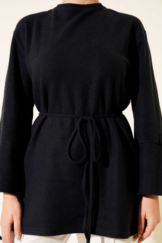 Bilek İpli Fitilli Kaşe Tunik Lacivert