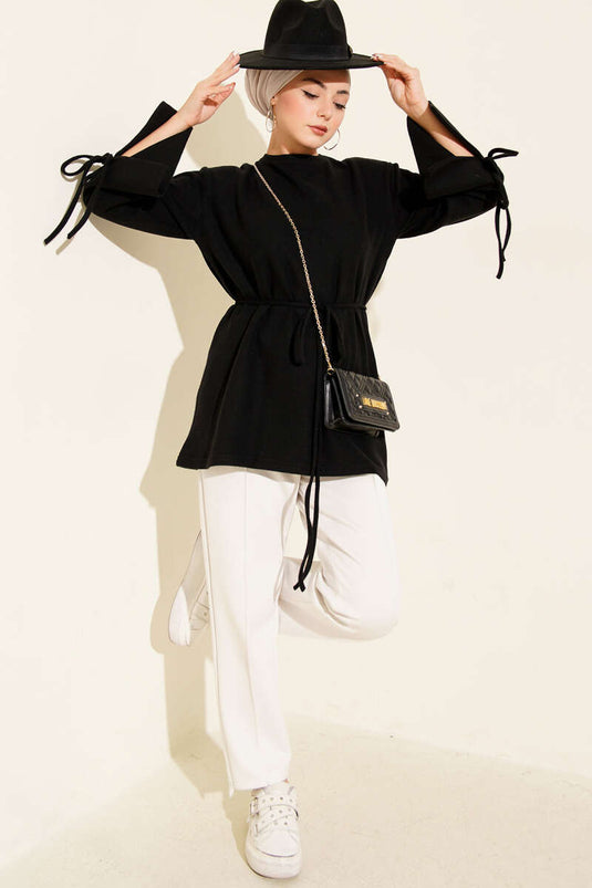 Wrist String Ribbed Cashmere Tunic Black