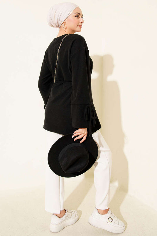 Wrist String Ribbed Cashmere Tunic Black