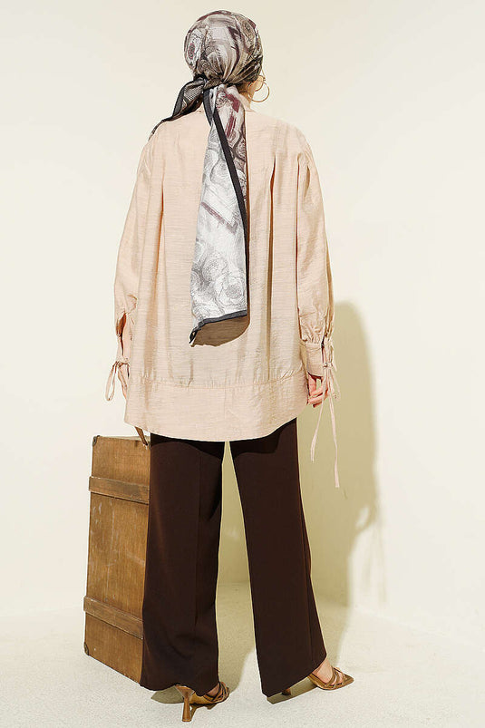 Oversize-Hemd mit gerafften Ärmeln und Kordeldetail, Beige